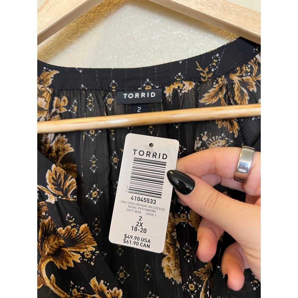 NEW Torrid Peasant Blouse Black Gold Floral Sheer Chiffon Peasant Long Sleeve 2X - Picture 4 of 7